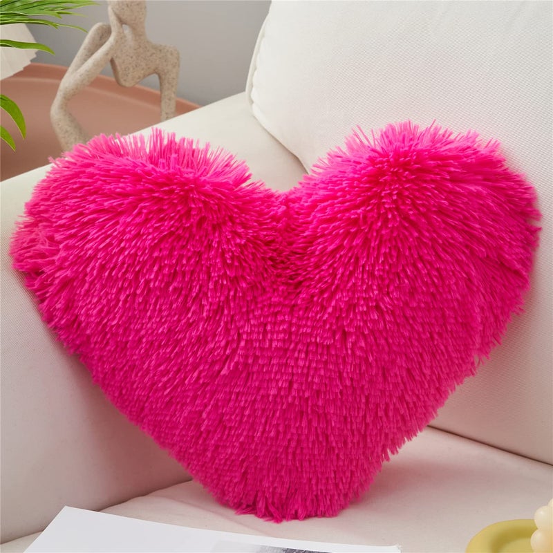 MOOWOO MOOWOO Plush Fluffy Heart Pillow Fuzzy Throw Pillows for GiftsSolid Color Zipper CloserChristmas DecorationsValentines Day Decorationshrow Pillow for Couch Sofa Bed Hot Pink 