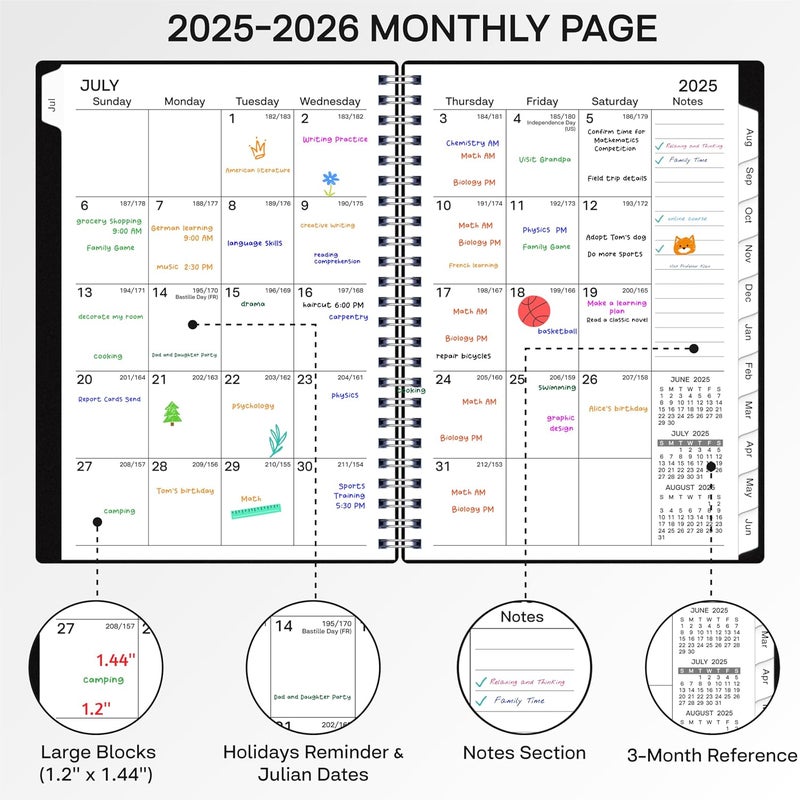 مخطط أكاديمي 2025-2026، مخطط أسبوعي وشهري 2025-2026، يوليو 2025 – يونيو 2026، مقاس 6.2 × 8.42 بوصة، غلاف مرن، 12 علامة تبويب شهرية، ورق سميك، تجليد حلزوني، جيب داخلي، أسود - Image 3