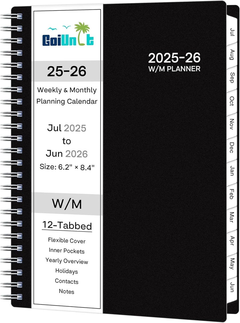 مخطط أكاديمي 2025-2026، مخطط أسبوعي وشهري 2025-2026، يوليو 2025 – يونيو 2026، مقاس 6.2 × 8.42 بوصة، غلاف مرن، 12 علامة تبويب شهرية، ورق سميك، تجليد حلزوني، جيب داخلي، أسود - Image 1