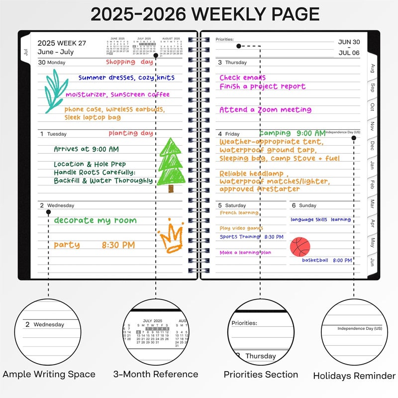 مخطط أكاديمي 2025-2026، مخطط أسبوعي وشهري 2025-2026، يوليو 2025 – يونيو 2026، مقاس 6.2 × 8.42 بوصة، غلاف مرن، 12 علامة تبويب شهرية، ورق سميك، تجليد حلزوني، جيب داخلي، أسود - Image 4