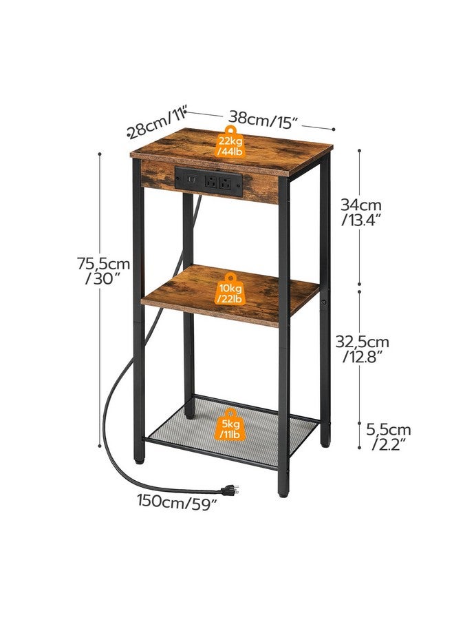 HOOBRO Tall End Table with Charging Station, 30 Inch Tall Nightstand, 3-Tier Side Table with Storage Shelves, for Living Room, Bedroom, Hallway, Rustic Brown BF09UDH01 - Image 3