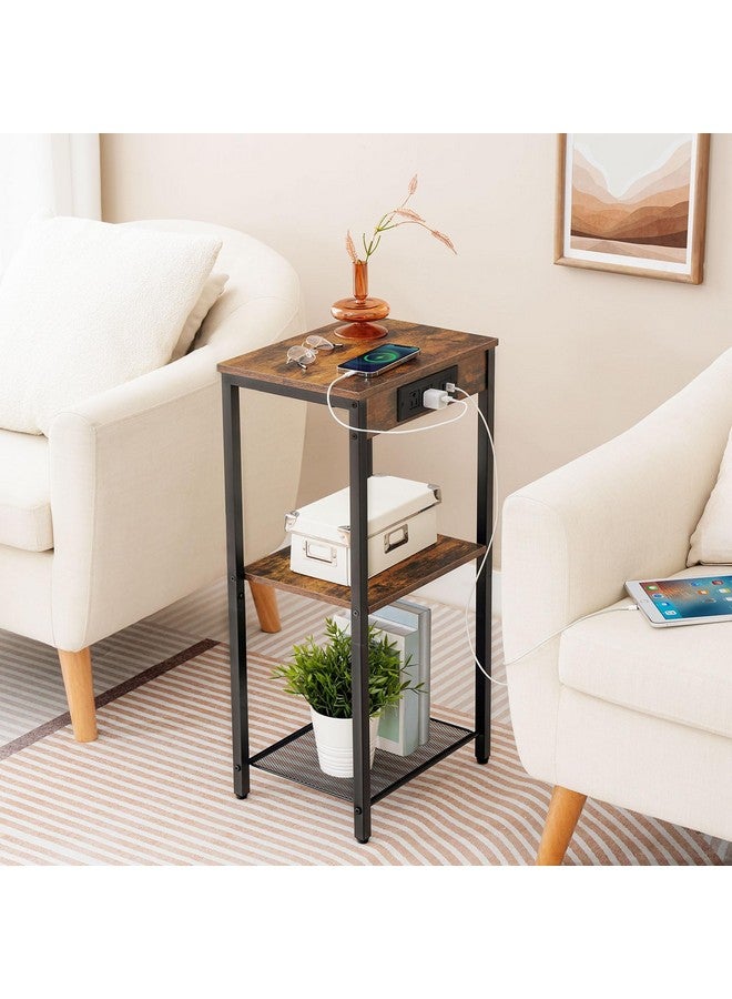 HOOBRO Tall End Table with Charging Station, 30 Inch Tall Nightstand, 3-Tier Side Table with Storage Shelves, for Living Room, Bedroom, Hallway, Rustic Brown BF09UDH01 - Image 5