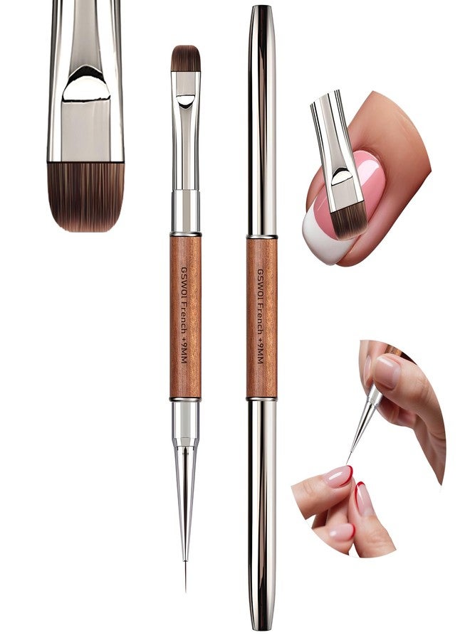 GSWOI Dual Head Acrylic Nail Brush-French Tip & 9mm Liner with Cleaning Brush for Builder Gel,Polygel & Design-Wood Handle & Metal Caps - Image 1