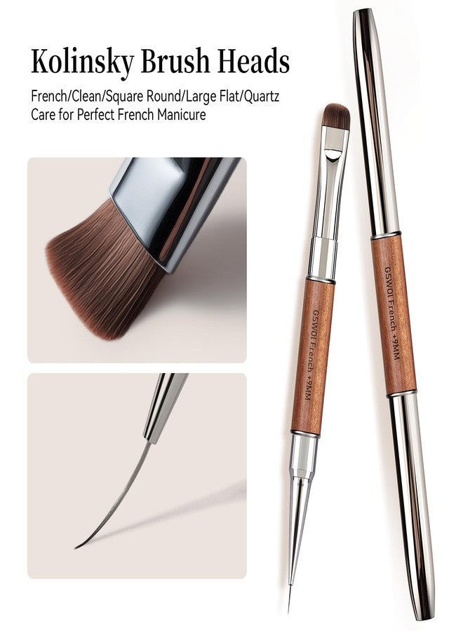 GSWOI Dual Head Acrylic Nail Brush-French Tip & 9mm Liner with Cleaning Brush for Builder Gel,Polygel & Design-Wood Handle & Metal Caps - Image 5