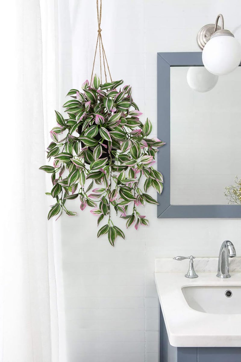 Briful Fake Hanging Plants 17.7" Faux Watermelon Peperomia Silk Plants with Black Pot Artificial Hanging Greenery for Home Garden Balcony Outdoor Patio Decor - Image 4