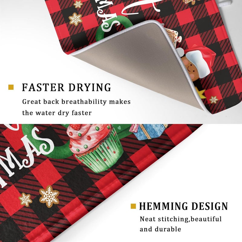 Giwawa Gingerbread Man Dish Drying Mat Large 18x24inch Have A Sweet Christmas Red Black Buffalo Plaids Dish Drainer Mats Winter Hot Cocoa Cookies Fast Drying Dish Drying Pad for Kitchen Counter - Image 3