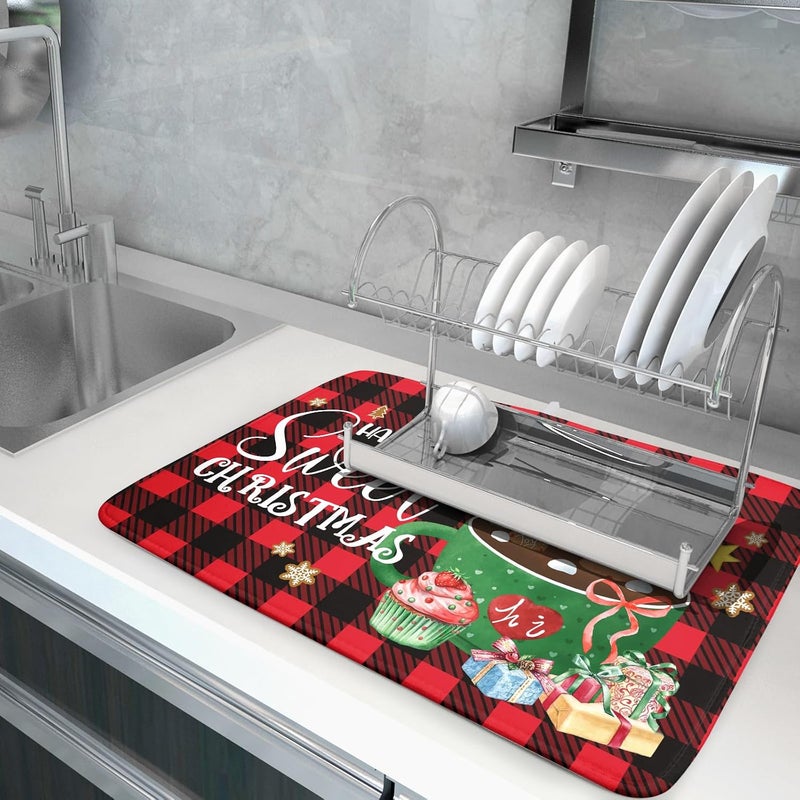 Giwawa Gingerbread Man Dish Drying Mat Large 18x24inch Have A Sweet Christmas Red Black Buffalo Plaids Dish Drainer Mats Winter Hot Cocoa Cookies Fast Drying Dish Drying Pad for Kitchen Counter - Image 5