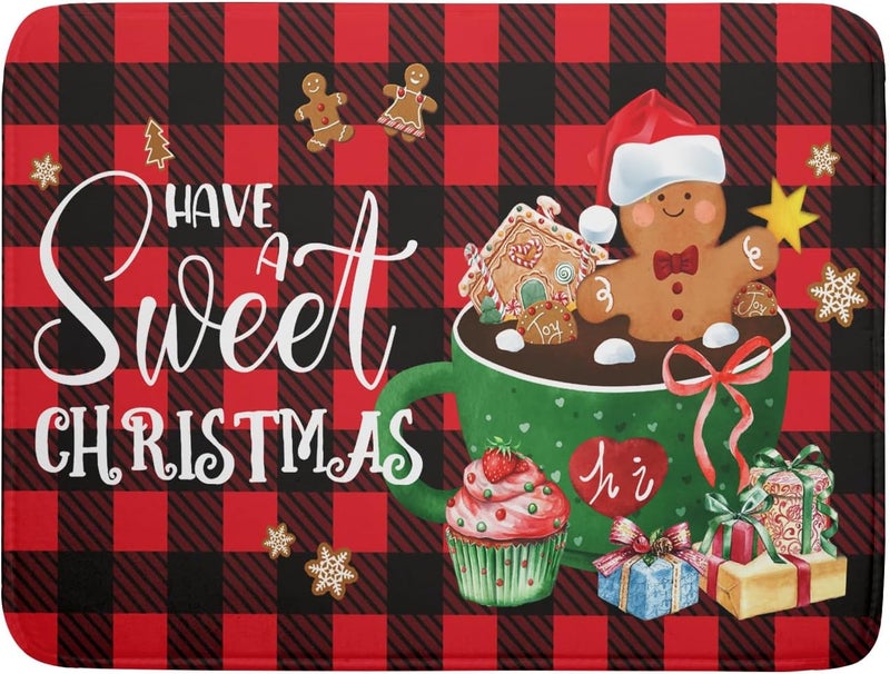 Giwawa Gingerbread Man Dish Drying Mat Large 18x24inch Have A Sweet Christmas Red Black Buffalo Plaids Dish Drainer Mats Winter Hot Cocoa Cookies Fast Drying Dish Drying Pad for Kitchen Counter - Image 1