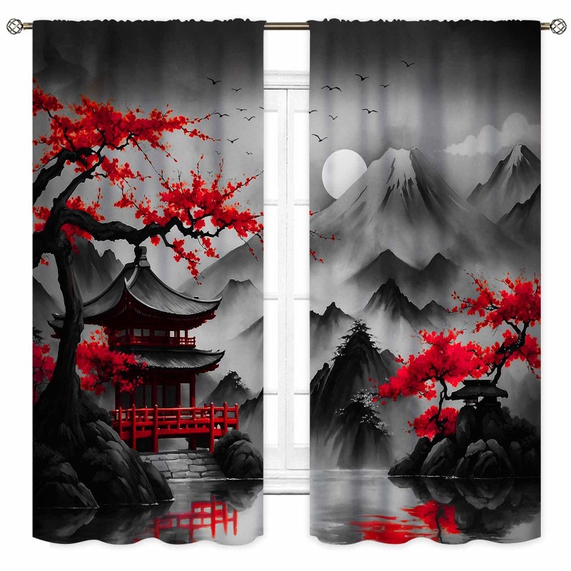 TKUYO Cherry Blossoms Curtains, Japanese Traditional Ink Painting Red Floral Plum Blossom Asian Oriental Nature Mountains Landscape Window Drapes Treatments for Bedroom Living Room Kitchen, 42"x45" Inch - Image 2