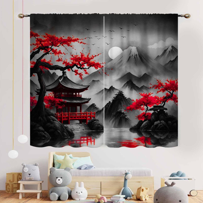 TKUYO Cherry Blossoms Curtains, Japanese Traditional Ink Painting Red Floral Plum Blossom Asian Oriental Nature Mountains Landscape Window Drapes Treatments for Bedroom Living Room Kitchen, 42"x45" Inch - Image 3