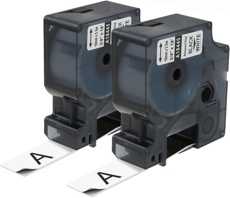 AONOMI 18445 Rhino Label Tape Replace for Dymo Rhino Industrial Permanent Vinyl Labels Tape A18445 3/4" (19MM) Work for 4200 5000 5200 6000 Label Maker Refills, Black Print on White Tape, 19mm x 5.5m, 2-Pack - Image 1