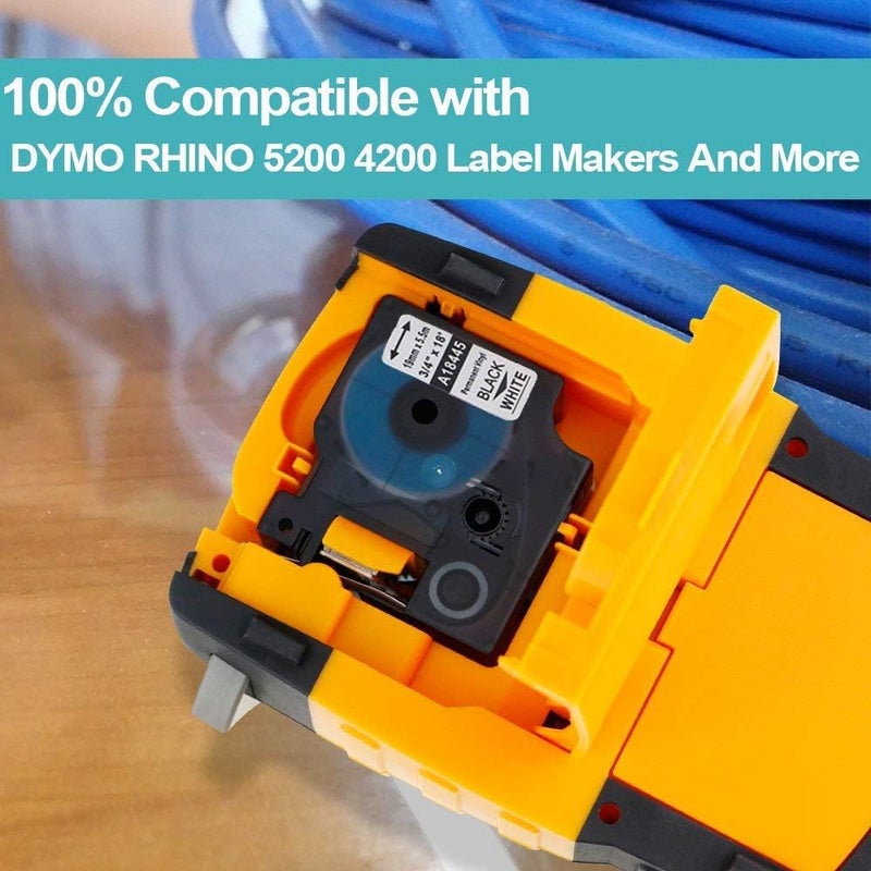 AONOMI 18445 Rhino Label Tape Replace for Dymo Rhino Industrial Permanent Vinyl Labels Tape A18445 3/4" (19MM) Work for 4200 5000 5200 6000 Label Maker Refills, Black Print on White Tape, 19mm x 5.5m, 2-Pack - Image 2