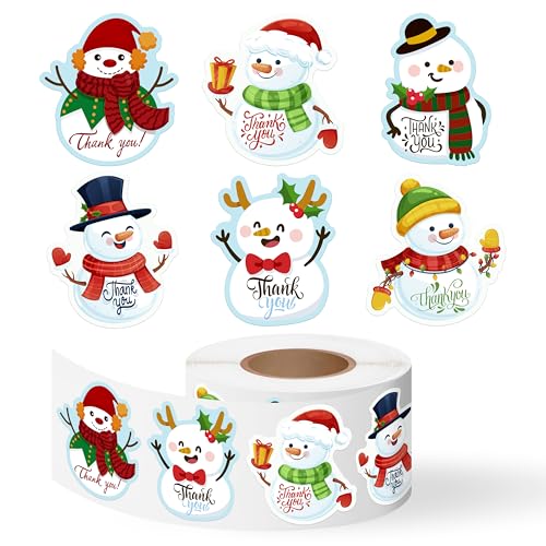 Kirako 500 Pcs Christmas Snowman Thank You Stickers Roll Xmas Winter Holiday Adhesive Labels Tags for Supporting My Small Business Envelope Seals Shop Cards Handmade Crafts Party Favors Gift Packing Wrapping - Image 1