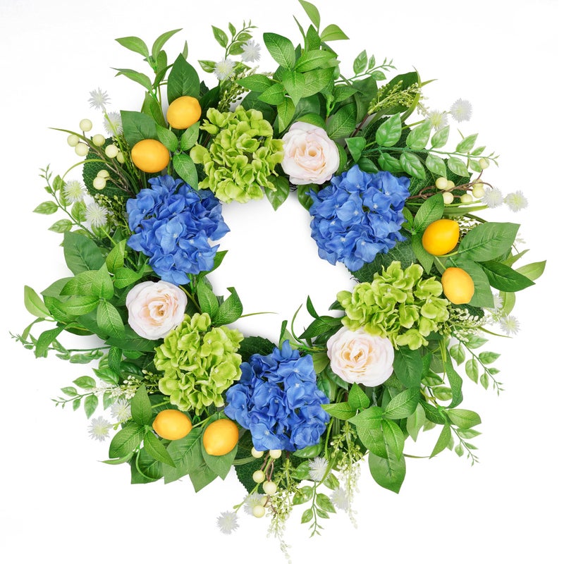 Vlorart 24” Spring Summer Wreaths for Front Door,Porch,Window-Large Artificial Hydrangea & Lemon Outdoor Wreath for Home,Farmhouse,Wedding Decor-Outside All Seasons - Image 1