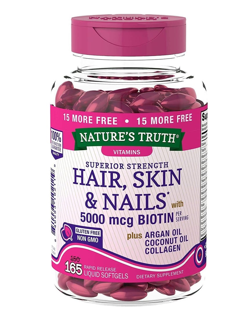 نايتشورز تروث حقائق الطبيعة قوة علوية للشعر والجلد والأظافر مع زيت الأرجان وزيت جوز الهند والكولاجين - 500 ميكروغرام، 165 كبسولة لينة