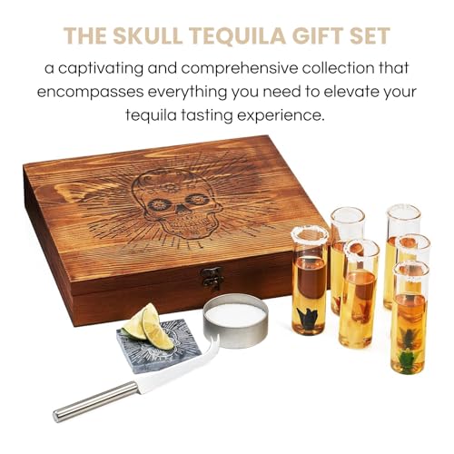 The Wine Savant Tequila Gift Box Shot Glass & Salt Gift Set for Men & Women | Six Agave Shot Glasses, Knife For Limes, One Skull Coaster, One Salt Tin | Skeleton Sugar Skull Wooden Box Wood Package For Tequila Lovers - Image 2