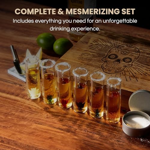The Wine Savant Tequila Gift Box Shot Glass & Salt Gift Set for Men & Women | Six Agave Shot Glasses, Knife For Limes, One Skull Coaster, One Salt Tin | Skeleton Sugar Skull Wooden Box Wood Package For Tequila Lovers - Image 4