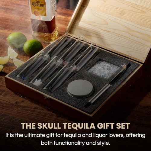 The Wine Savant Tequila Gift Box Shot Glass & Salt Gift Set for Men & Women | Six Agave Shot Glasses, Knife For Limes, One Skull Coaster, One Salt Tin | Skeleton Sugar Skull Wooden Box Wood Package For Tequila Lovers - Image 3