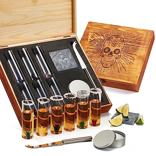 The Wine Savant Tequila Gift Box Shot Glass & Salt Gift Set for Men & Women | Six Agave Shot Glasses, Knife For Limes, One Skull Coaster, One Salt Tin | Skeleton Sugar Skull Wooden Box Wood Package For Tequila Lovers - Image 1