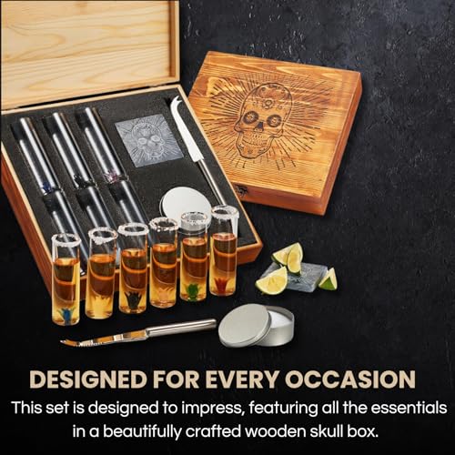 The Wine Savant Tequila Gift Box Shot Glass & Salt Gift Set for Men & Women | Six Agave Shot Glasses, Knife For Limes, One Skull Coaster, One Salt Tin | Skeleton Sugar Skull Wooden Box Wood Package For Tequila Lovers - Image 5