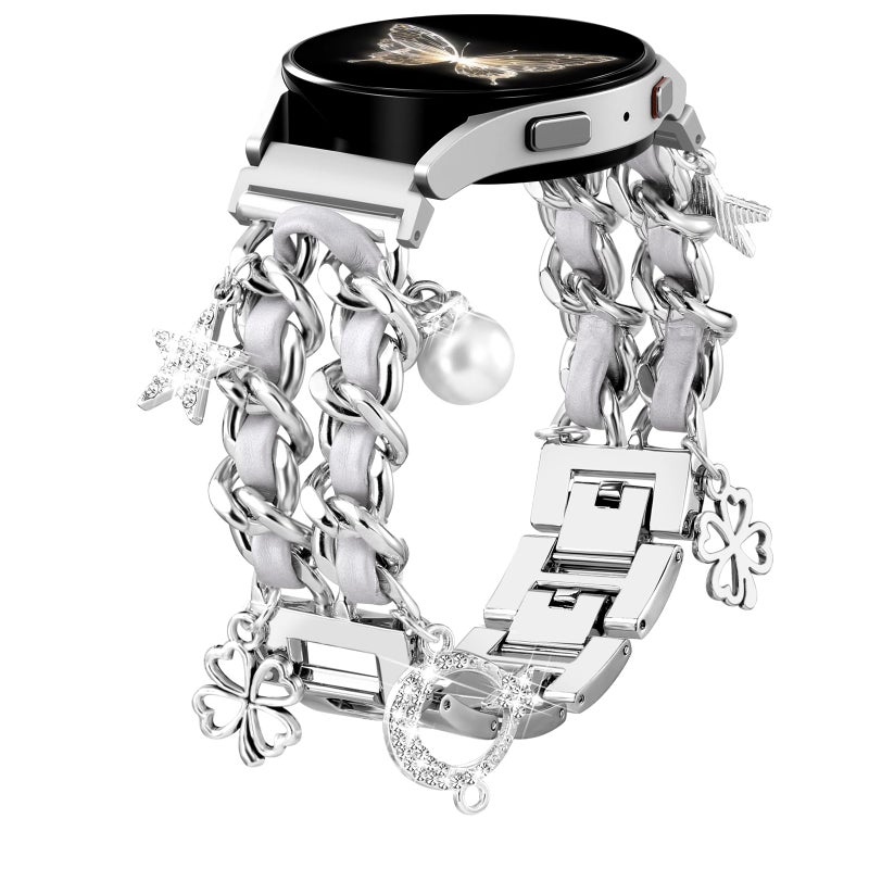 DAQIN Stylish Metal Band Compatible with Samsung Galaxy Watch 7 Band/FE 6 5 4 40mm 44mm,Galaxy Active 2, 20mm Watch Strap Pretty Chain with Cute Decorative Charms Accessories for Samsung Watch Bands Women - Image 1