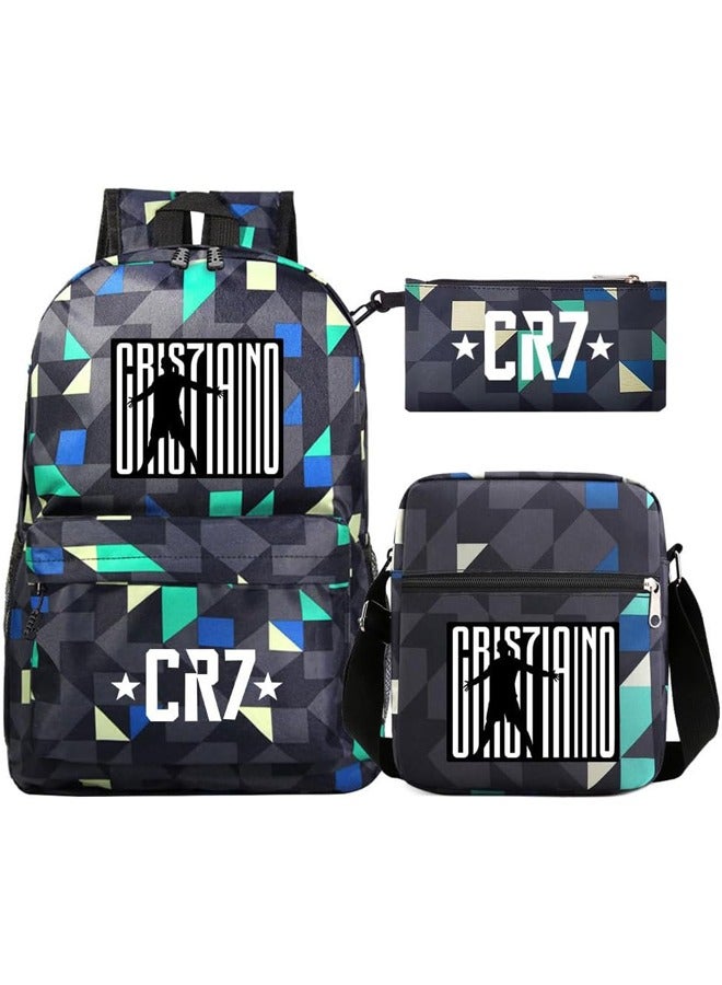 3PCS Backpack Set,CR7 Soccer Backpack,Large Capacity Casual Backpack with Lunch Bag and Pencil case for Boys Girls Fans