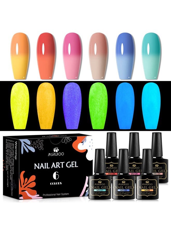 MSRUIOO Luminous Color Changing Gel Nail Polish Set, Glow in the Dark Mood Temperature Color Change Gel Nail Polish Pink Blue Red Orange Soak Off Gel Polish for Nail Art Manicure DIY at Home  - Image 1
