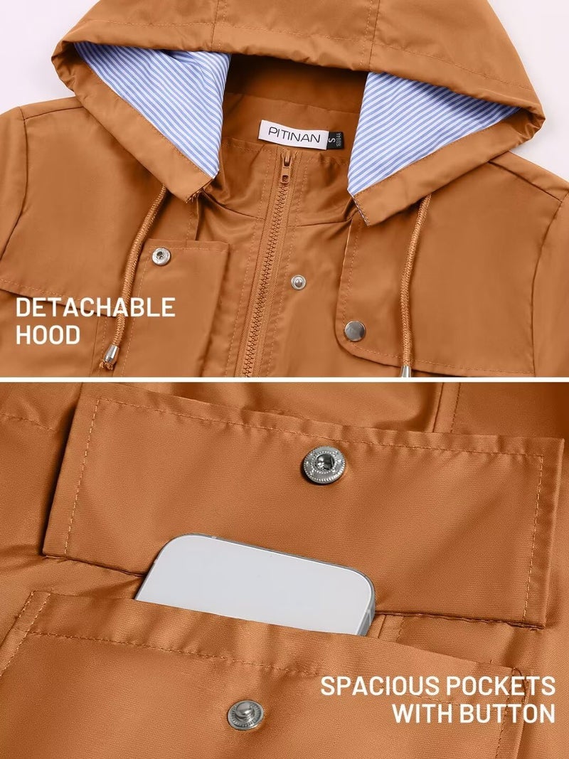 PITINAN Womens Raincoat Waterproof With Hood Lightweight Rain Jacket Women Windbreaker Rain Coats with Hood for Teen Girls Caramel S - Image 4