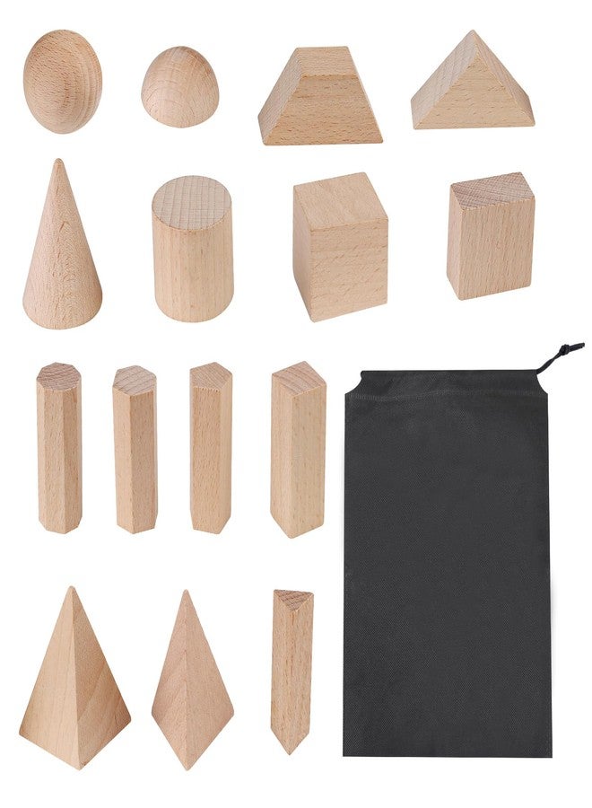 Quxddy 15 Pcs Wooden Math Geometry Models - 3D Shapes Set for Teachers Supplies, Geometry Learning and Classroom Demonstration Tools (Wood Color) - Image 1