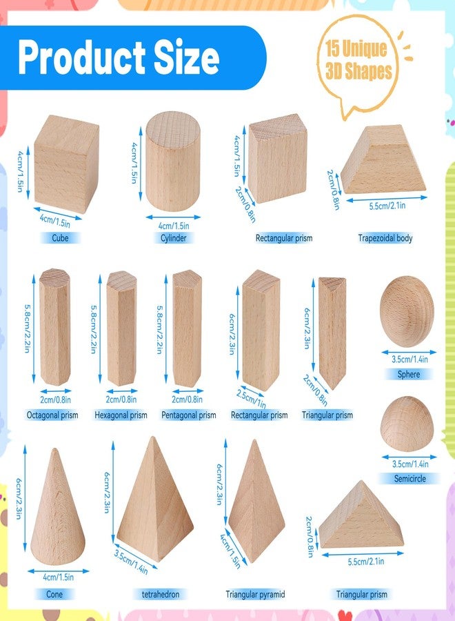 Quxddy 15 Pcs Wooden Math Geometry Models - 3D Shapes Set for Teachers Supplies, Geometry Learning and Classroom Demonstration Tools (Wood Color) - Image 2