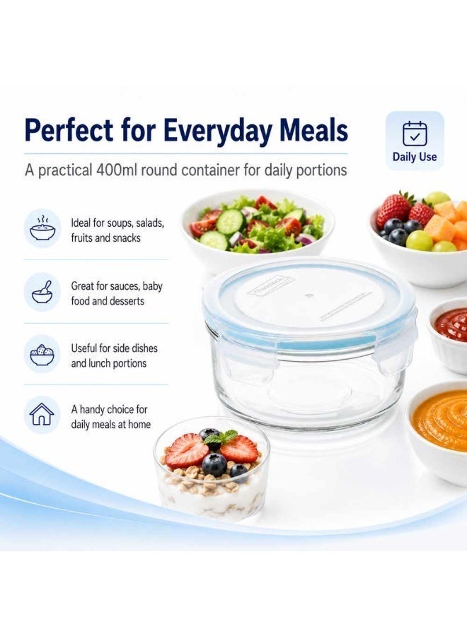 Glasslock MCCB-040 Glass Container 400ml/405ml Round Food Storage Container with Clip On Lid - Image 5