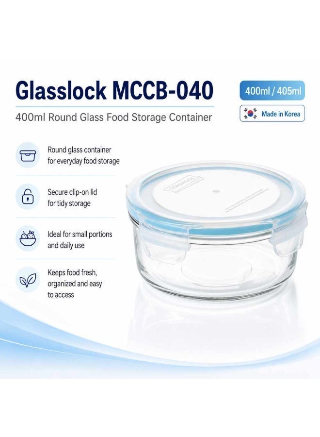Glasslock MCCB-040 Glass Container 400ml/405ml Round Food Storage Container with Clip On Lid - Image 2