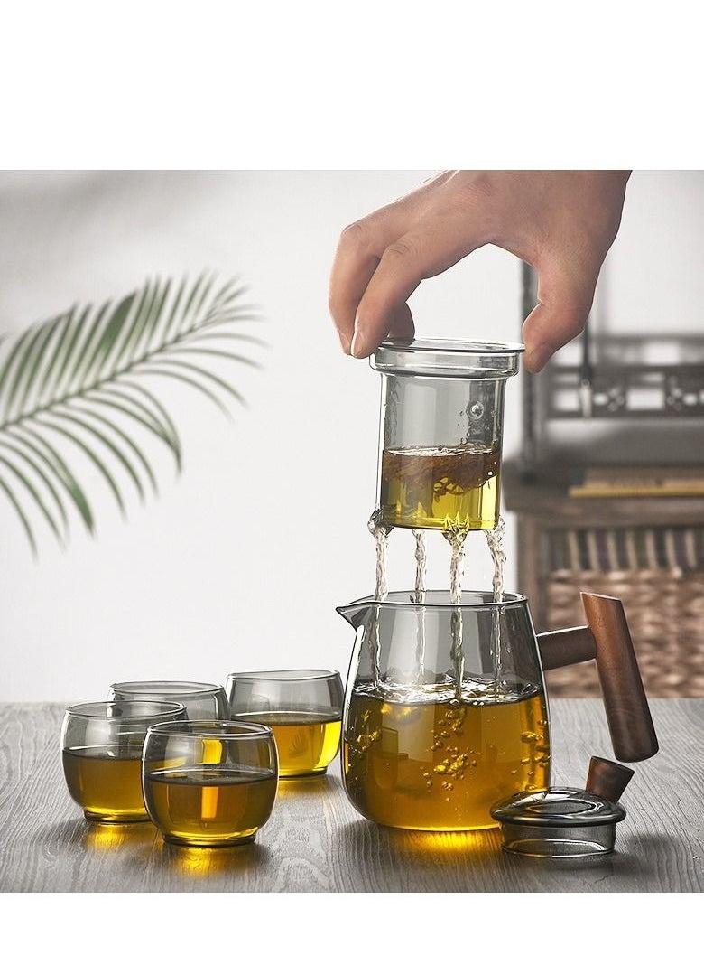 MIXDE - Glass Teapot Wood Handle Chinese Tea Ceremony Transparent Teaware Set Cup Filter High Boron Silicon Japanese Pot with 4 Cups - Image 1