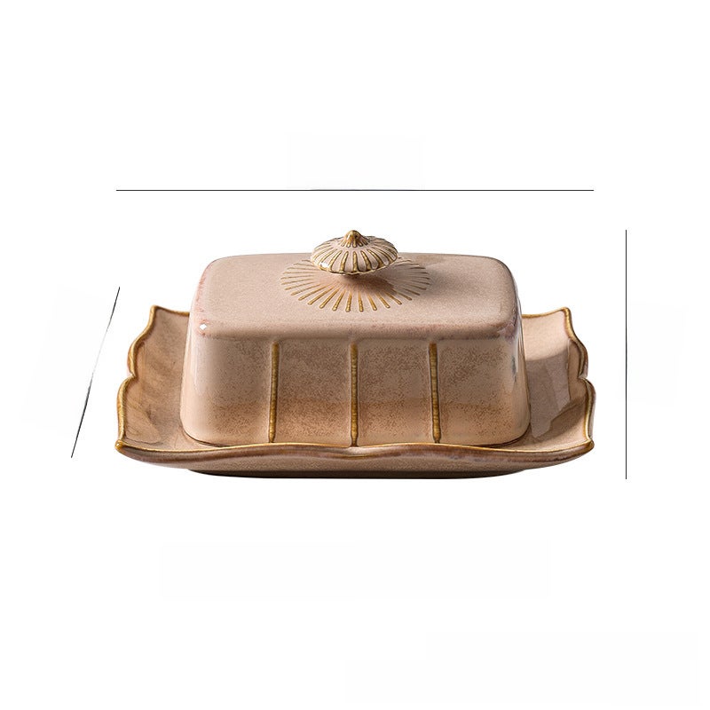 Creative solid color rectangular ceramic tableware kitchen utensils butter plate hotel with lid snack plate (Vintage Butter Plate-Khaki) - Image 1