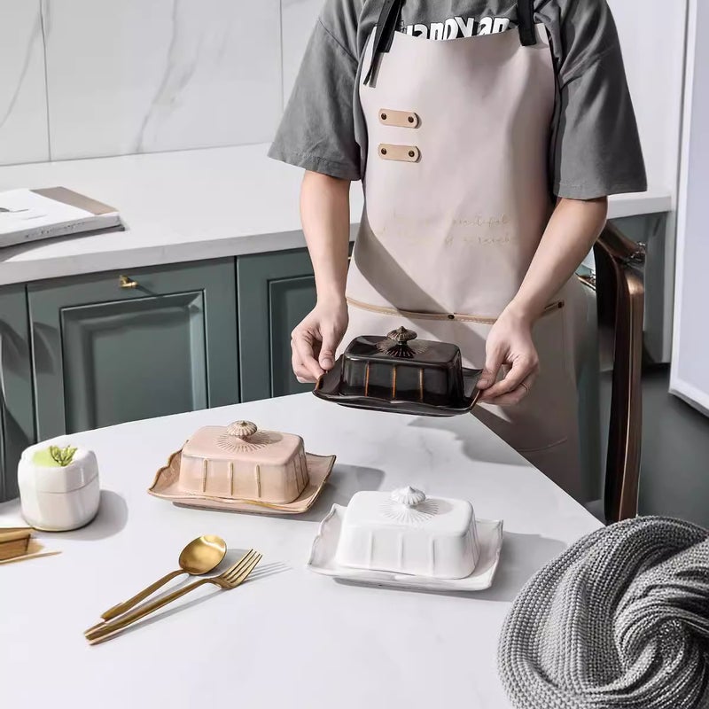 Creative solid color rectangular ceramic tableware kitchen utensils butter plate hotel with lid snack plate (Vintage Butter Plate-Khaki) - Image 3