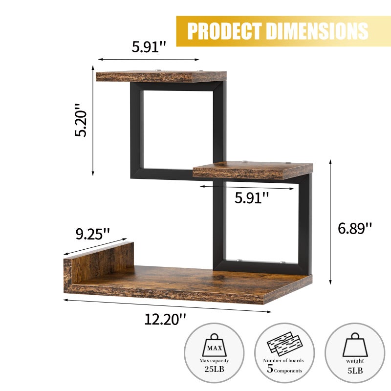 Gannyfer Office Decor Desk Shelf Organizer - Wood Desktop Shelf, Freestanding Desk Hutch, 3 Tier Storage Display Rack, Small Bookshelf with Metal Frame for Books/Plants/Toys (Rustic Brown Black) - Image 4