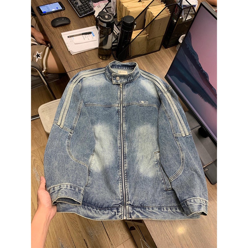 Autumn New Arrival Old Washed Denim Jacket Loose Trendy Side Stripe White Collar Jacket For Teenagers - Image 2