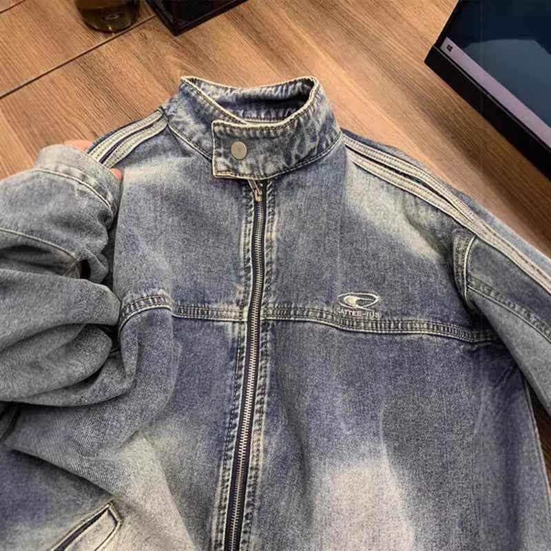 Autumn New Arrival Old Washed Denim Jacket Loose Trendy Side Stripe White Collar Jacket For Teenagers - Image 3