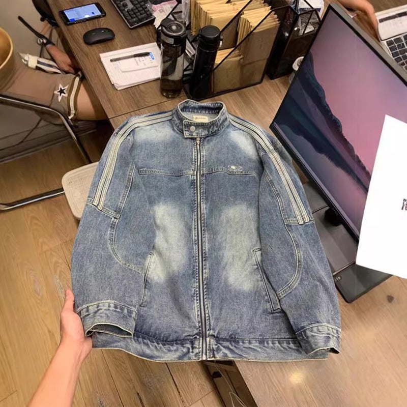 Autumn New Arrival Old Washed Denim Jacket Loose Trendy Side Stripe White Collar Jacket For Teenagers - Image 4