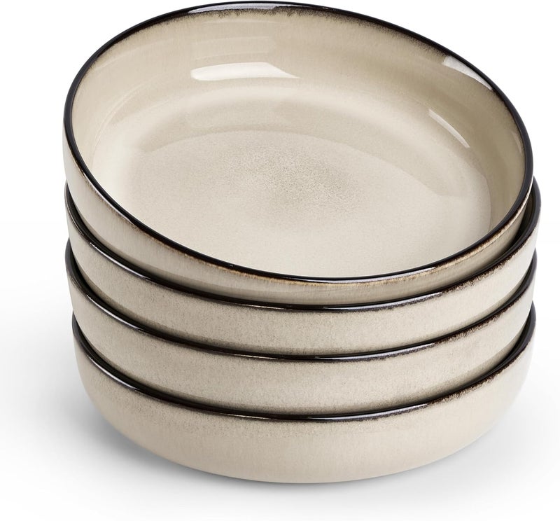 E-far Efar Pasta Bowls Set of 4 35oz Large Salad Bowls for Serving Wide and Shallow Ceramic Plates for Kitchen Double Reactive Glaze Microwave and Dishwasher Safe Sandy Beige - Image 1