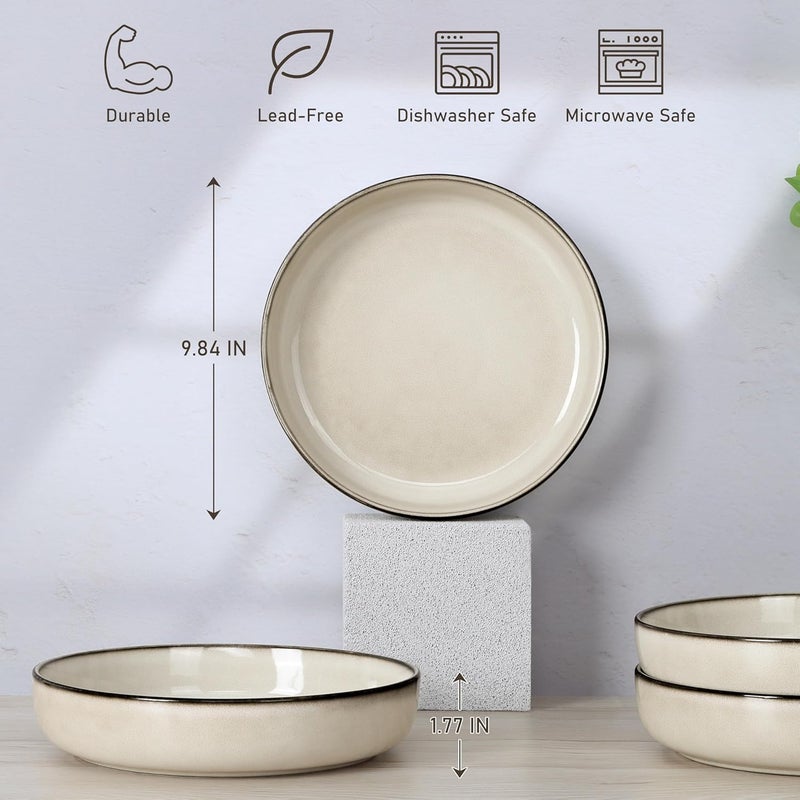 E-far Efar Pasta Bowls Set of 4 35oz Large Salad Bowls for Serving Wide and Shallow Ceramic Plates for Kitchen Double Reactive Glaze Microwave and Dishwasher Safe Sandy Beige - Image 2