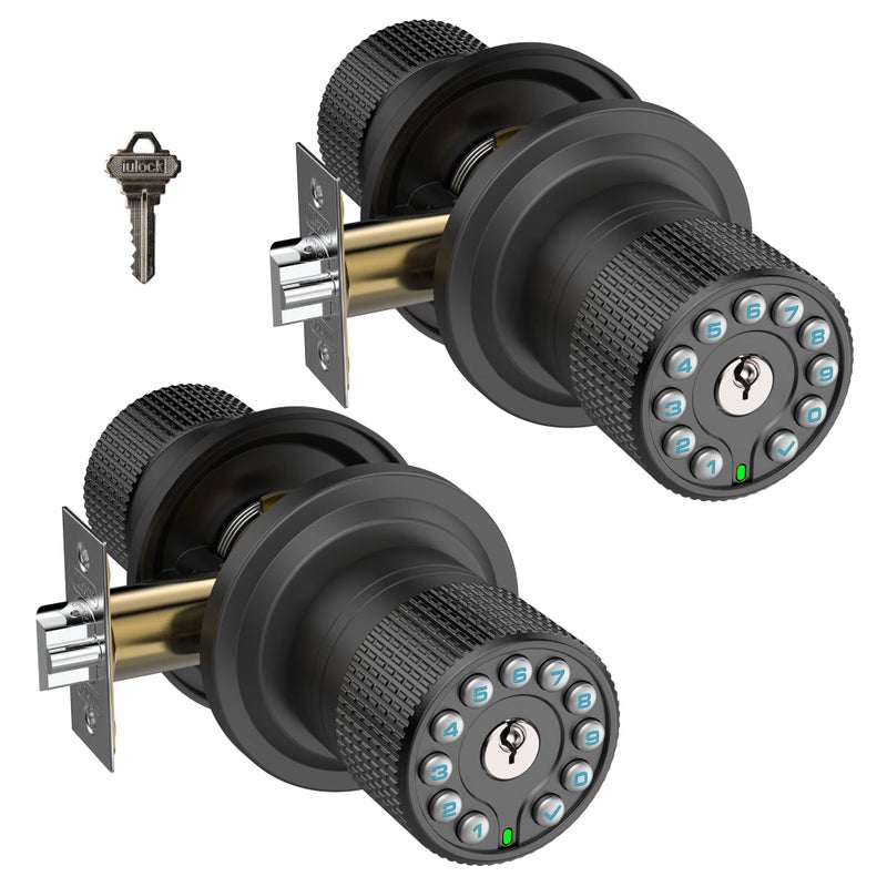 iulock Smart Door Knob with Keypad and KeyKeyless Entry Door Lock with Rubber Grip Auto Lock50 User CodeWaterproof Easy to Install and Program for Bedroom Matte Black Same Key 2 Pack