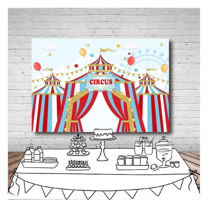 Qian Blue Sky Red White Circus Theme Photography Backdrops Carnival Carousel Big Top Tent First 1st Photo Background Baby Shower Kids Birthday Party Supplies Dessert Cake Table Decor Props 5x3ft Vinyl - Image 3