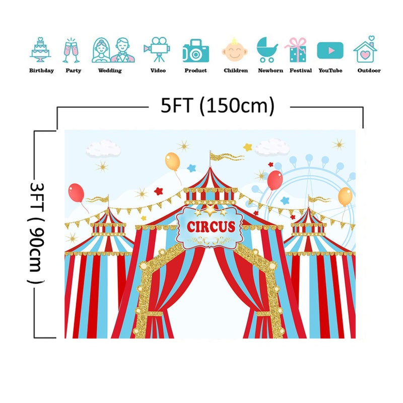 Qian Blue Sky Red White Circus Theme Photography Backdrops Carnival Carousel Big Top Tent First 1st Photo Background Baby Shower Kids Birthday Party Supplies Dessert Cake Table Decor Props 5x3ft Vinyl - Image 4