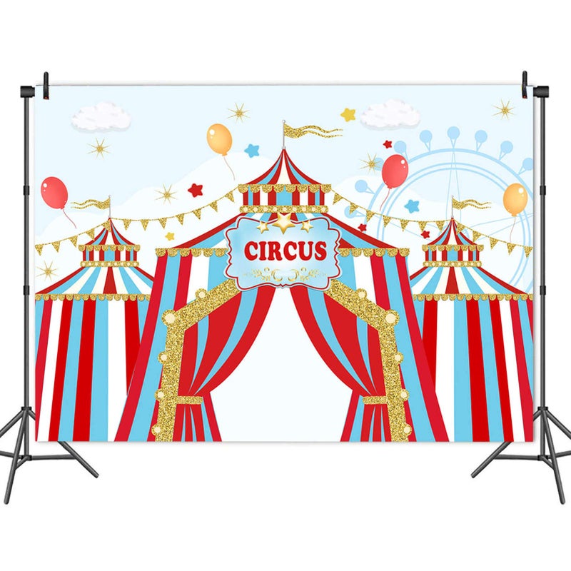 Qian Blue Sky Red White Circus Theme Photography Backdrops Carnival Carousel Big Top Tent First 1st Photo Background Baby Shower Kids Birthday Party Supplies Dessert Cake Table Decor Props 5x3ft Vinyl - Image 2