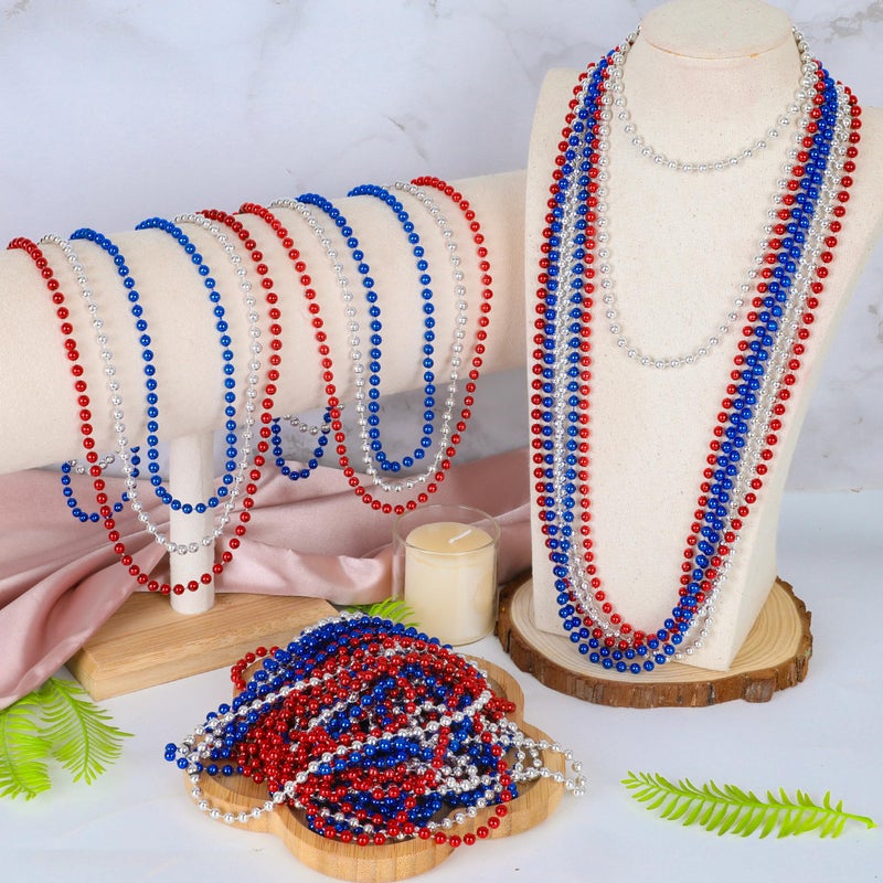 Huskein 12 Pcs 4Th Of July Beads Necklaces  33"" Red Silver Blue Beaded Necklaces Bulk  Patriotic Round Beads  Independence Day Parade Suppliesfor Fourth Of July Party Accessories Decorations Favors - Image 4