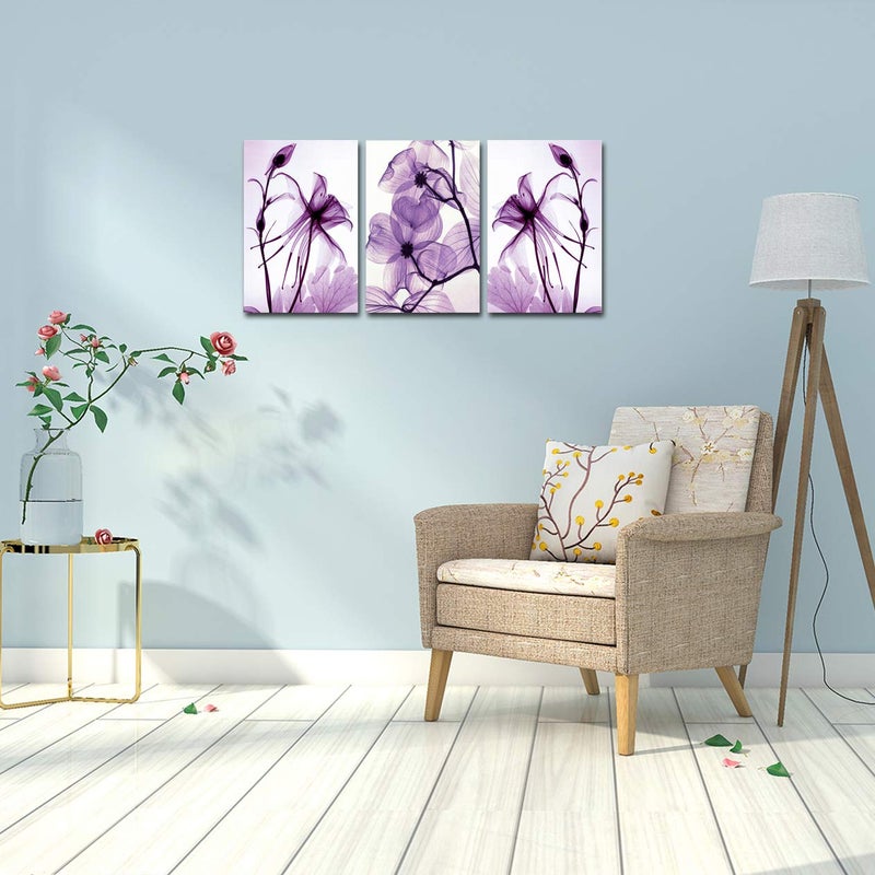 Meigan Art Modern Canvas Wall Art Home Decor Wall Art Painting Purple Flowers Art Wood Inside Framed Ready to Hang (12InchX16InchX3) - Image 3