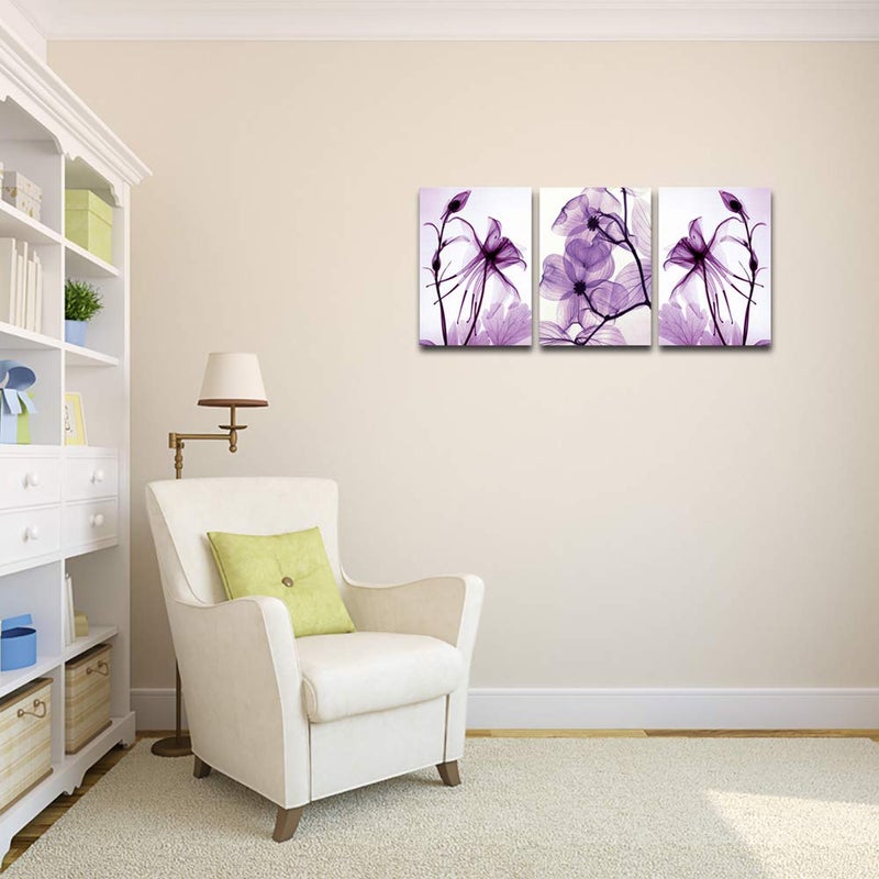 Meigan Art Modern Canvas Wall Art Home Decor Wall Art Painting Purple Flowers Art Wood Inside Framed Ready to Hang (12InchX16InchX3) - Image 2