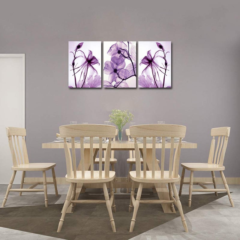 Meigan Art Modern Canvas Wall Art Home Decor Wall Art Painting Purple Flowers Art Wood Inside Framed Ready to Hang (12InchX16InchX3) - Image 4