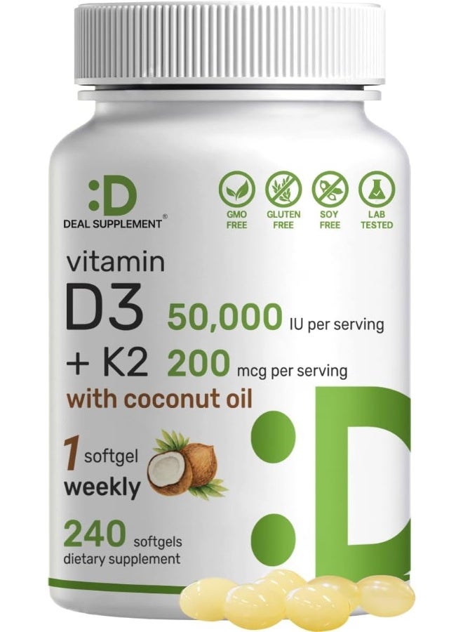 DEAL SUPPLEMENT فيتامين د3 50,000 وحدة دولية + ك2 MK7 200 ميكروغرام، 240 كبسولة لينة - Image 1